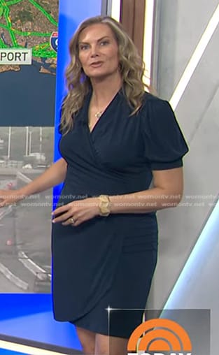 Emily’s navy puff sleeve faux wrap dress on Today