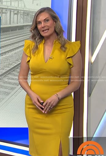 Emily West’s yellow ruffle sleeve v-neck dress on Today