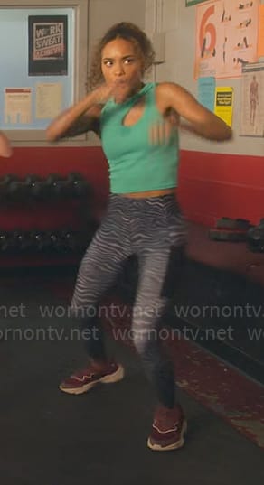 Faran’s green cutout tank top and tiger stripe leggings on Pretty Little Liars Original Sin