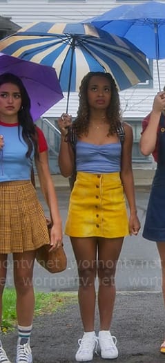 Faran’s blue top and yellow button front skirt on Pretty Little Liars Original Sin
