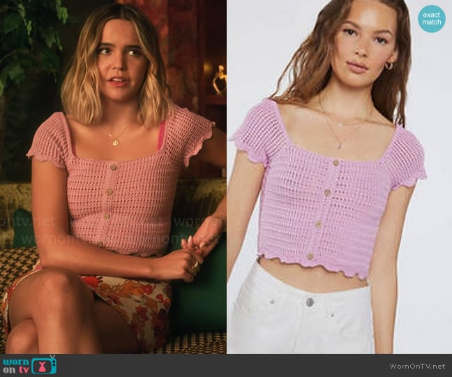 Forever 21 Crochet Sweater-Knit Crop Top worn by Imogen Adams (Bailee Madison) on Pretty Little Liars Original Sin