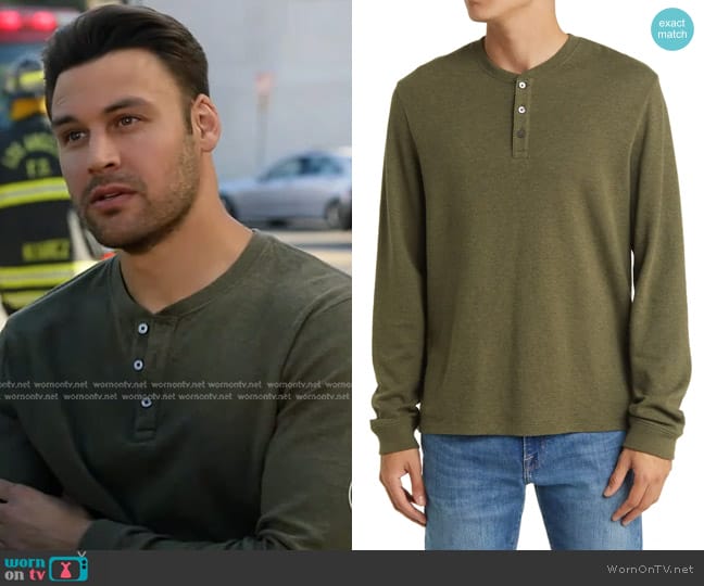 Frame Duo Fold Henley in Dark Olive Heather worn by Eddie Diaz (Ryan Guzman) on 9-1-1