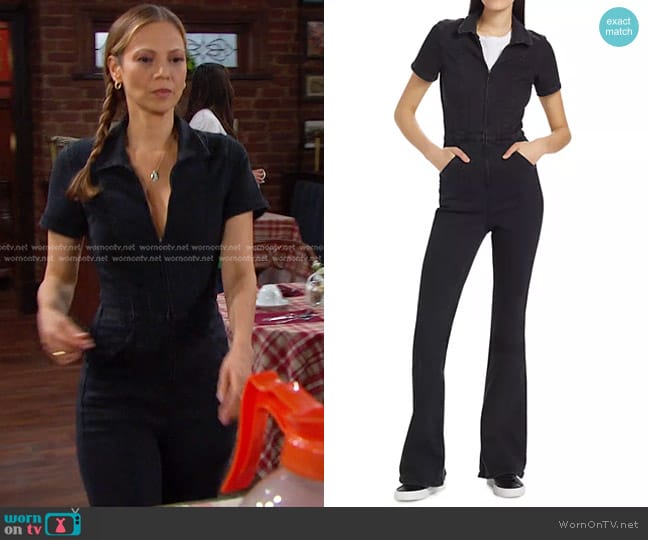 Free People Jayde Denim Jumpsuit in Black Mamba worn by Ava Vitali (Tamara Braun ) on Days of our Lives