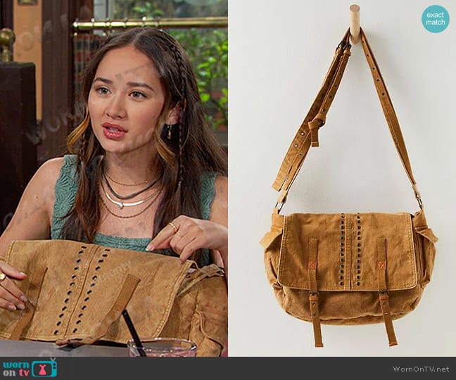 Free People Zevon Distressed Messenger Bag in Desert Dune worn by Sophia Choi (Madelyn Kientz) on Days of our Lives