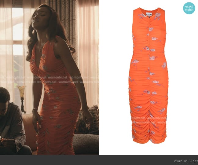 Ganni Rose-print ruched mesh dress