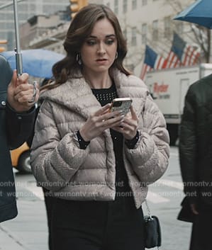 Gemma’s pink puffer jacket on Elsbeth