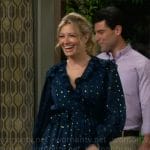 Gemma’s green metallic dotted dress with ruffles on The Neighborhood