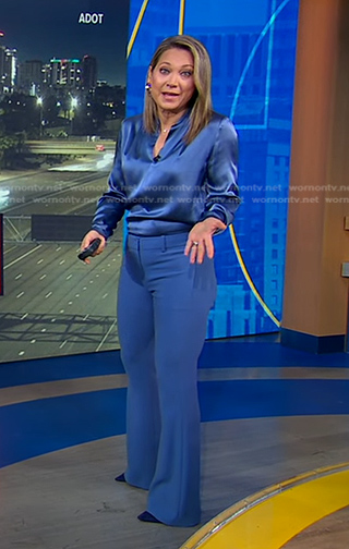 Ginger’s blue satin blouse and flare pants on Good Morning America