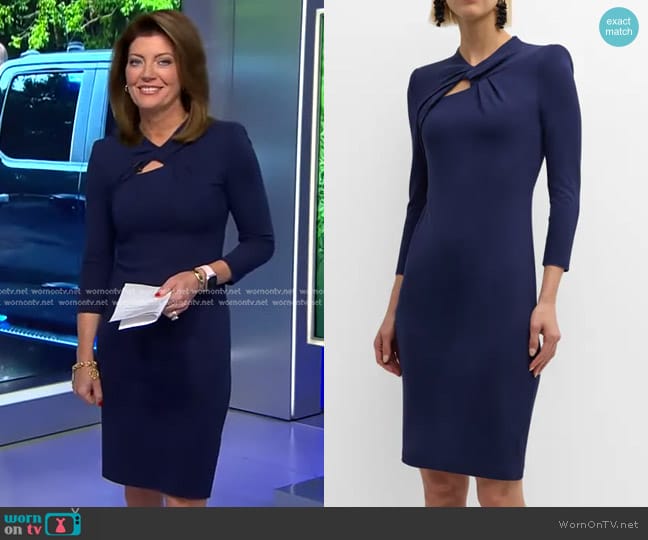 Giorgio Armani Milano Jersey Knotted-Neck Bodycon Dress in Dark Blue worn by Norah O'Donnell on CBS Evening News