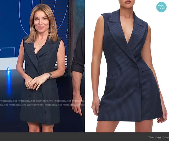 Good American Stripe Sleeveless Double Breasted Ponte Knit Blazer Minidress worn by Kit Hoover on Access Hollywood
