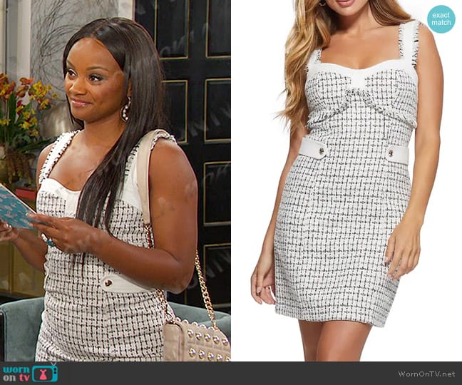 Guess Clarissa Sweetheart Neck Tweed Minidress worn by Chanel Dupree (Raven Bowens) on Days of our Lives