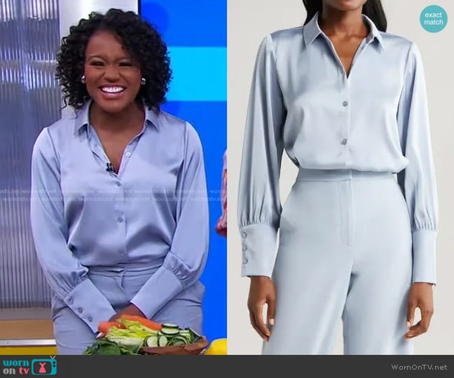 Halogen Button-Up Shirt in Slate Blue worn by Janai Norman on Good Morning America