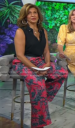 Hoda’s black top and red printed wide-leg pants on Today