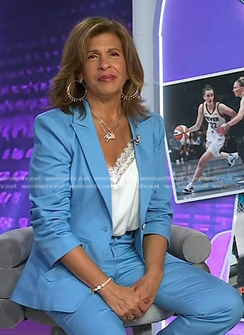 Hoda’s blue ruched sleeve blazer and pant suit on Today