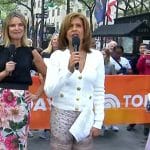 Hoda’s white cardigan and paisley print flare pants on Today
