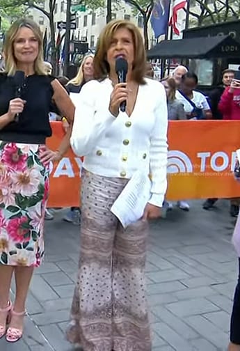 Hoda’s white cardigan and paisley print flare pants on Today