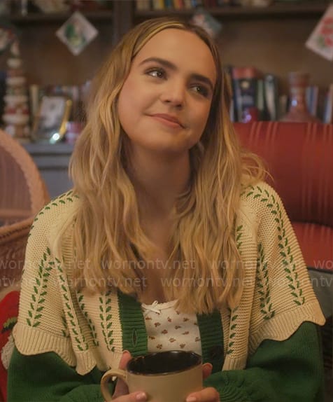 Imogen’s green emboidered cardigan on Pretty Little Liars Original Sin