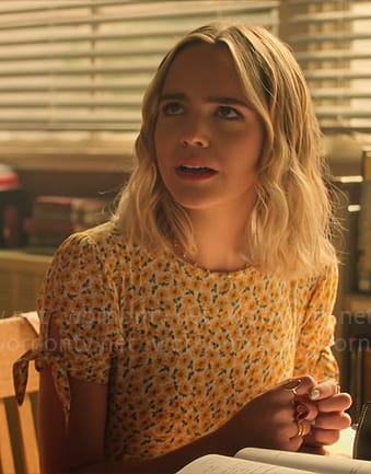 Imogen’s yellow floral dress with tie sleeves on Pretty Little Liars Original Sin