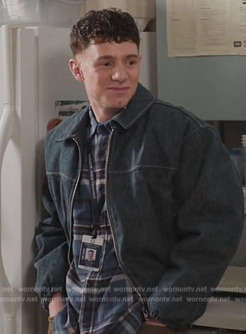 Jacob’s denim bomber jacket on Abbott Elementary