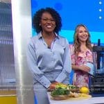 Janai’s blue satin shirt and pants on Good Morning America