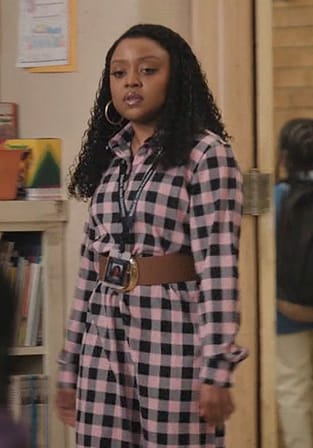 Janine’s pink gingham check dress on Abbott Elementary