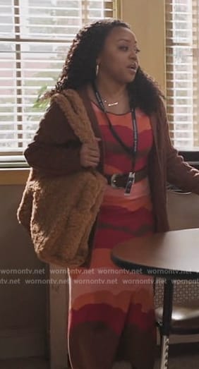 Janine’s red printed dress on Abbott Elementary
