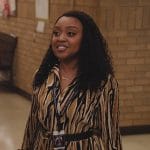 Janine’s beige stripe shirtdress on Abbott Elementary