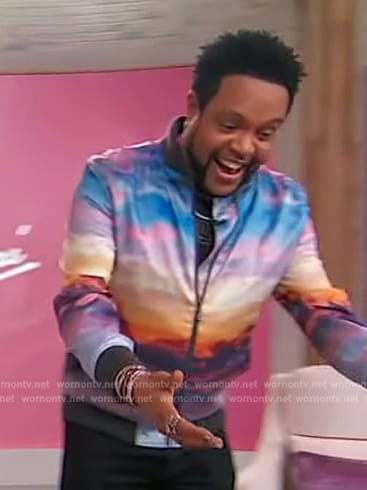 Jawn’s sunset print bomber jacket on Sherri