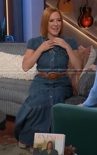Jen Psaki’s denim maxi dress on The Kelly Clarkson Show