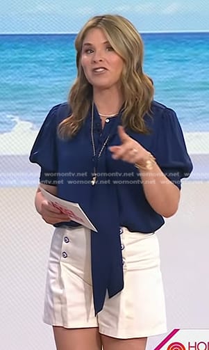 Jenna’s navy tie neck blouse and white shorts on Today