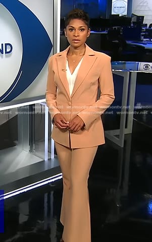 Jericka’s beige blazer and flare pant suit on CBS Evening News