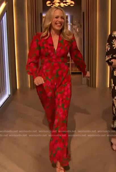 Jessica St. Clair’s red floral print dress on The Drew Barrymore Show