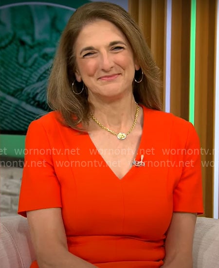 Jill Schlesinger’s red v-neck short sleeve dress on CBS Mornings