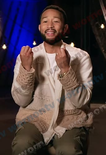 John Legend’s ivory patchwork knit cardigan on The Voice