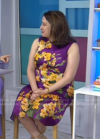 Julia Quinn’s purple floral print sleeveless dress on Today