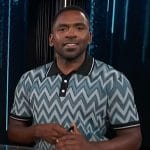 Justin’s blue zig-zag print polo on E! News