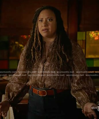 Karen’s brown printed pintuck blouse on 9-1-1