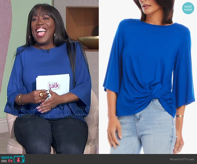 Karen Kane Twist Front Flare Sleeve Jersey Top in Sapphire Blue worn by Sheryl Underwood on The Talk