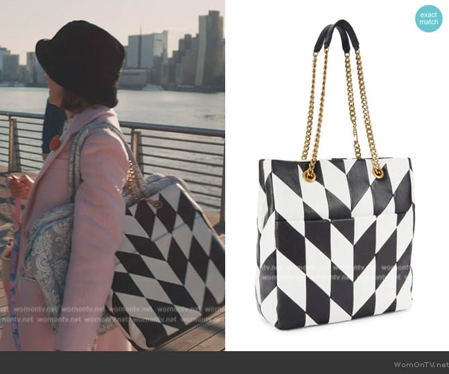 Karl Lagerfield Colorblock Geometric Leather Shoulder Bag in Cloud Gray Paisley worn by Elsbeth Tascioni (Carrie Preston) on Elsbeth