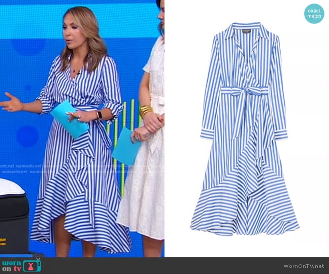 Kate Spade Julia Stripe Wrap Dress in Wild Blue Iris Fresh White worn by Lori Bergamotto on Good Morning America
