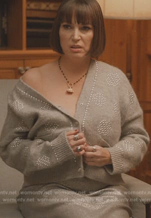 Katricia’s gray pearl embellished sweater on Elsbeth