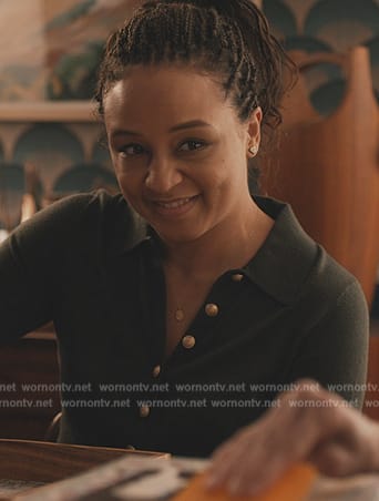 Kaya’s gold button long sleeve polo on Elsbeth