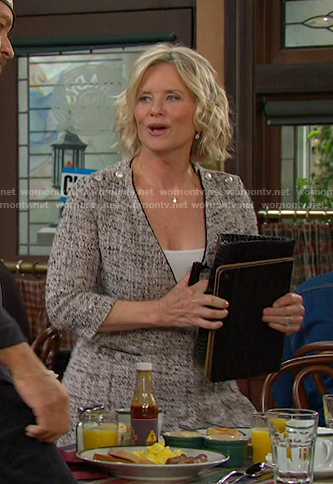Kayla’s grey v-neck tweed dress on Days of our Lives