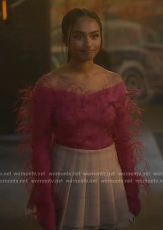 Kiela’s pink feather trim top and plaid mini skirt on Grown-ish