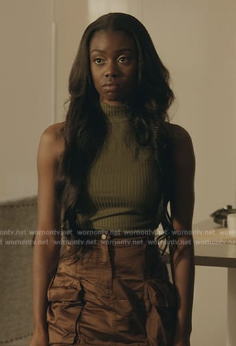 Kiesha’s brown satin mini skirt on The Chi
