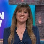 Kelly’s navy button front mini dress on The Kelly Clarkson Show