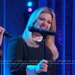 Kelly’s black pleated ruffle neck dress on The Kelly Clarkson Show