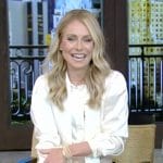 Kelly’s white satin tie neck blouse on Live with Kelly and Mark