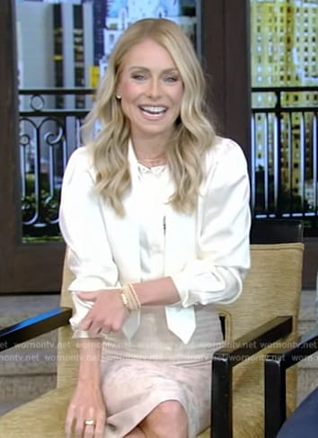 Kelly’s white satin tie neck blouse on Live with Kelly and Mark