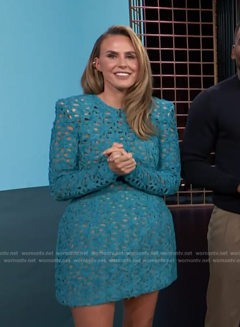 Keltie’s blue floral crochet knit mini dress on E! News